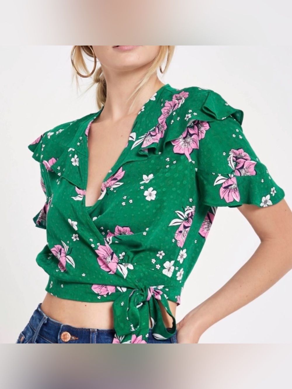 River Island Green Floral Tie-Waist Blouse with Pink Blooms